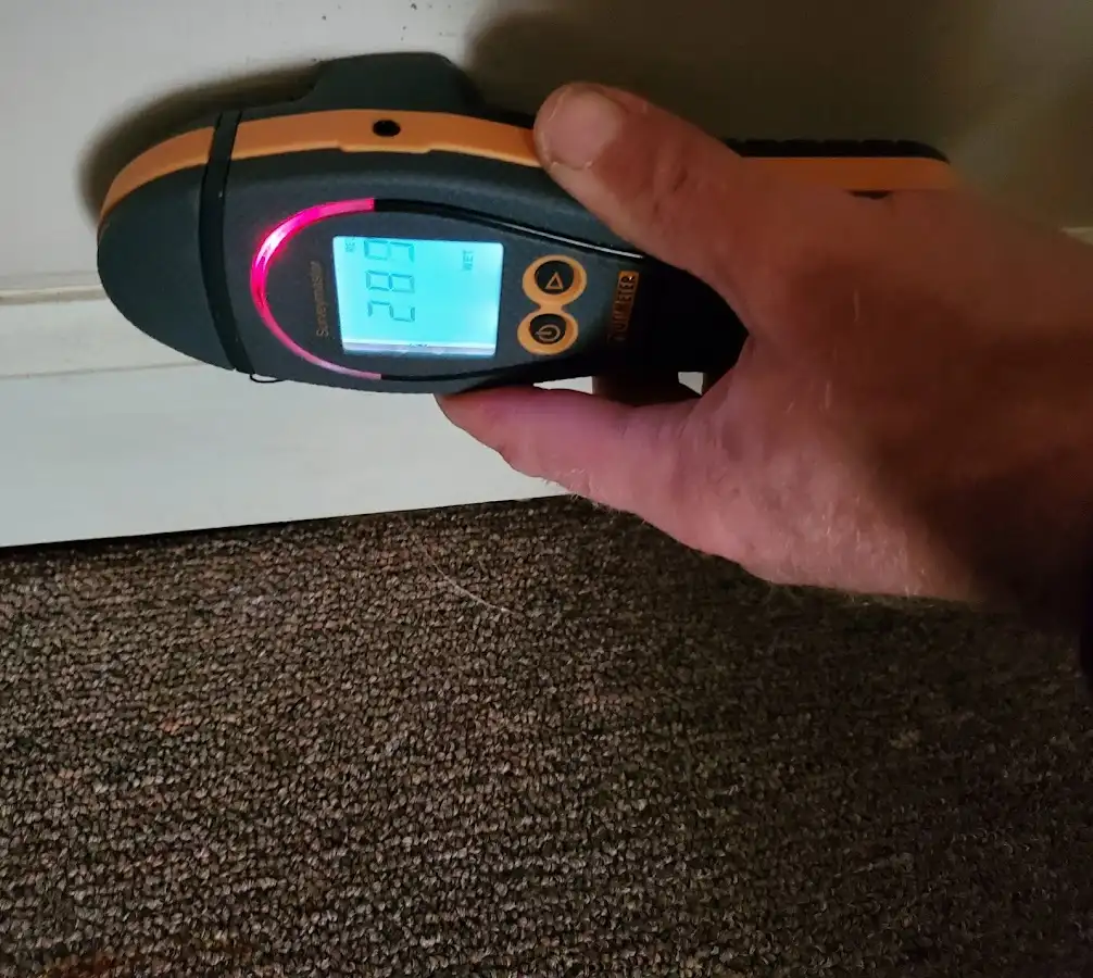 Moisture detection at baseboard during Storm Damage Restoration in Halfway
